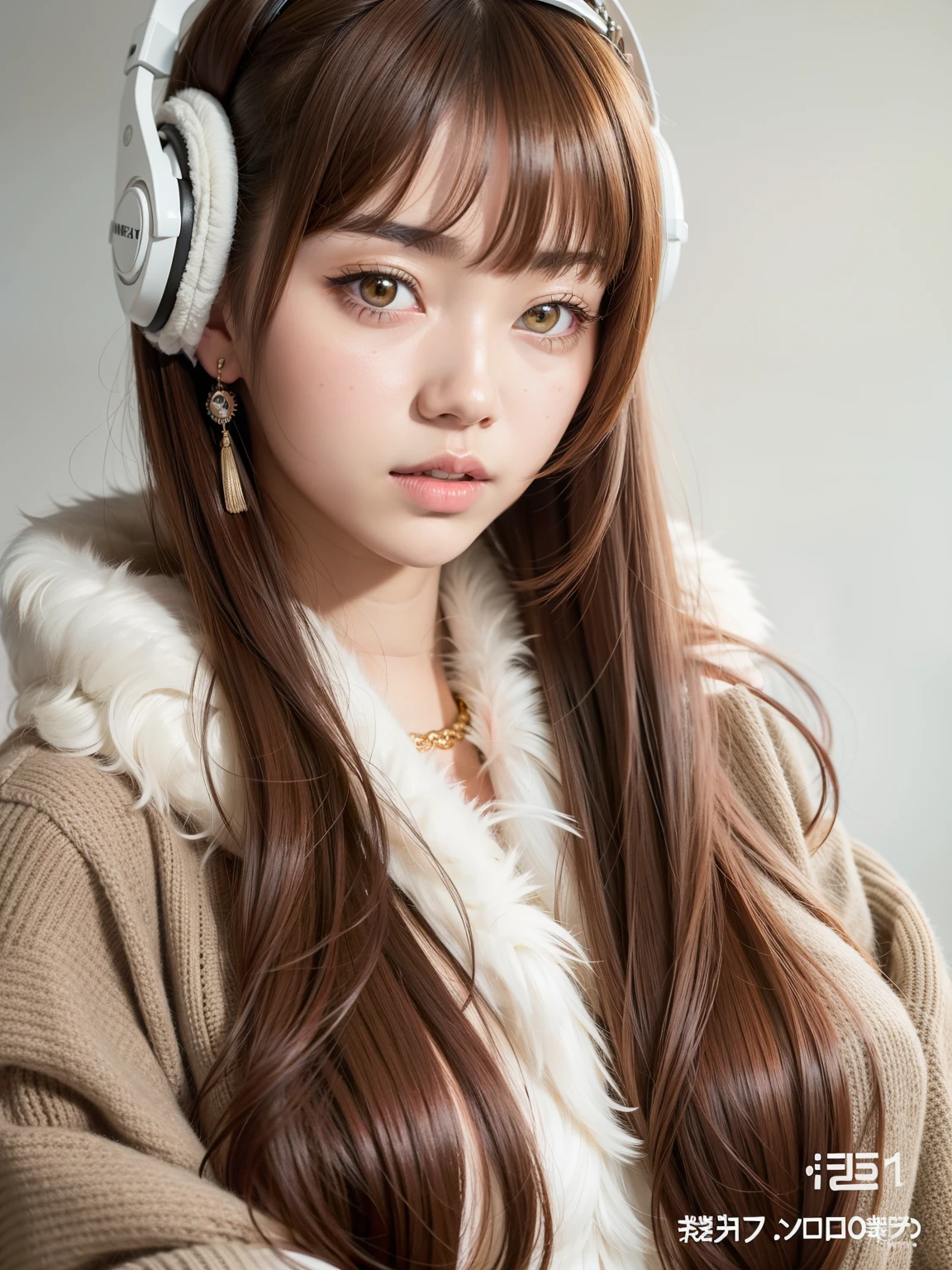 un primer plano de una persona con auriculares y un abrigo, ulzzang, Retrato realista kawaii, 🤤 girl portrait, Sakimichan, Cabello suave, flequillo esponjoso, con auriculares, El Corte Hime, E - Chica, e-chica, vibraciones de anime, Cabello limpio con flequillo, Lalisa Manobal, Lalisa Manoban de Blackpink