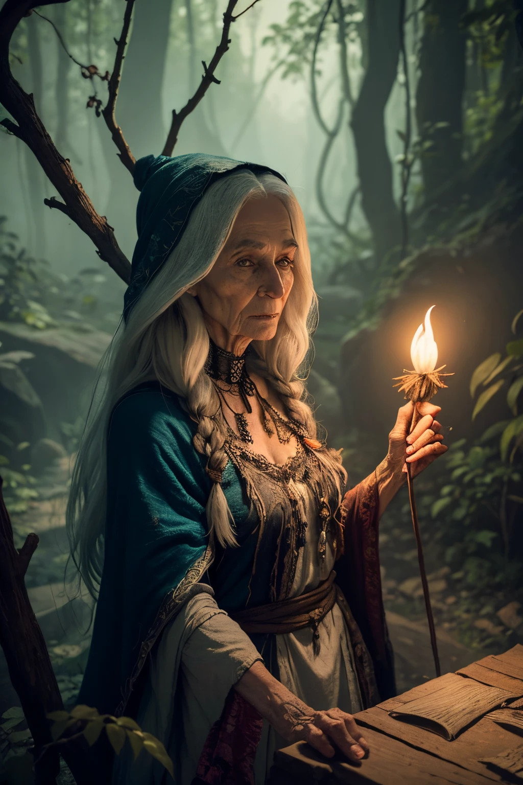 fairy-tale sorceress Baba Yaga, old dirty scary, wrapped in old rags with a crooked staff in his hand, Hooked nose, loose hair, branches and dried herbs stick out from the hair, holds a frog in his bony hand and looks at the camera