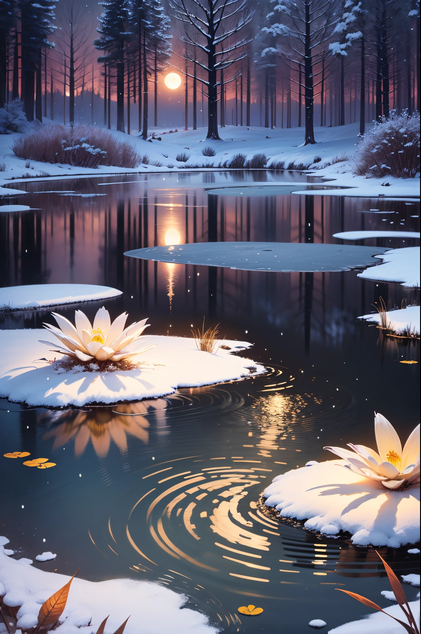 "Illusory Moonlight"
Tips on how to draw:
1. For the background of the scene, draw a pond at night floating in the dark. Depict the reflection of moonlight on the surface of the water.
2. Clouds are vaguely spreading in the night sky. The shape of the clouds is soft and envelops the moon floating in the night sky.
3. The pond is surrounded by large trees. Moonlight shines on the branches and leaves of the trees, creating a fantastic glow.
4. The pond is overgrown with grass and flowers. Since it is snowing, I draw it as if the grass and flowers are also covered with white snow. It is also beautiful to express the way snow accumulates on the petals.
5. Overall, to create a tranquil atmosphere and a fantastic glow, it is a good idea to use a lot of blue and purple as shades. It is also important to create a three-dimensional effect by drawing shadows depending on the intensity of the moonlight.
Example prompts:
A girl standing in a pond at night. She is fascinated by the fantastic snowscape under the moonlight. The reflection of the moon and clouds on the surface of the water and the snow and flowers on the trees give her a sense of silence and happiness in her heart. Try to draw this moment.