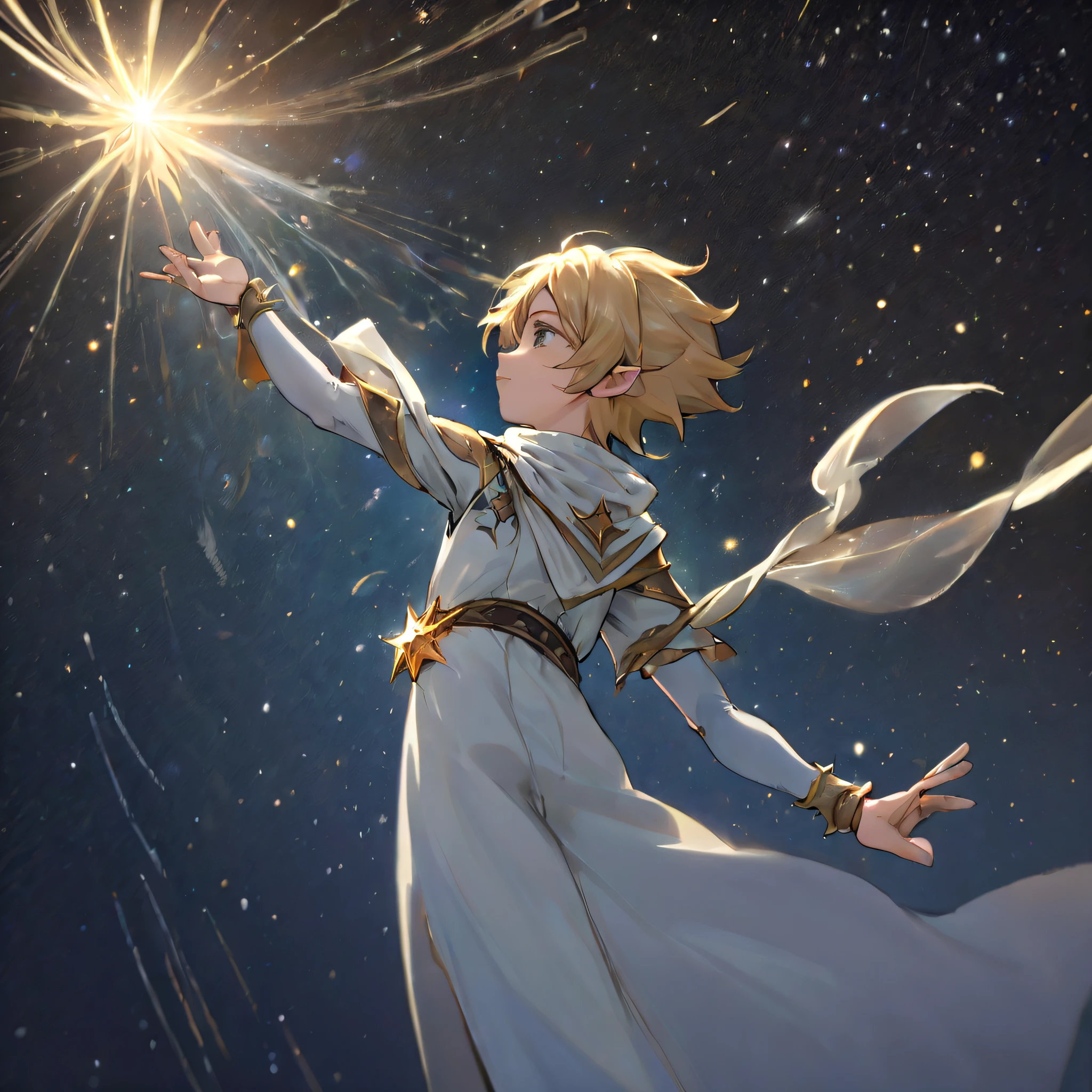 (Full Body), Side view, FFXIV, Final Fantasy 14, 1boy, (Lalafel), Shota, (elf ears), golden short hair, blue eyes, Wearing white tunic with a intricate golden scarf, (long earloating in outer space), ((left arm outstretched trying to reach a star)), Looking towards a star, Cosmic star-filled sky scenery,  best quality, masterpiece, ultra-detailed, 8k, depth of field, cinematic composition, best lighting