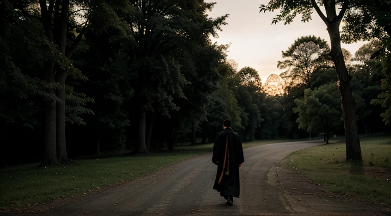 young priest dressed in black walking in the shade of trees at dusk, with his back turned
​