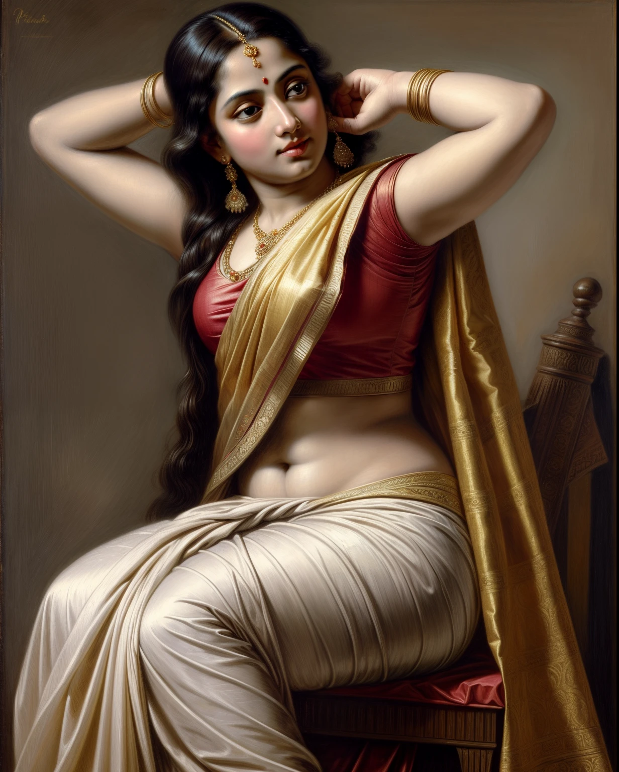 Beautiful Indian Woman, wearing saree, sari Beauty, gorgeous, Apsara, Maharani, royal queen woman, nymph from Hindu Mythology, Urvashi, matchless beauty, Highly detailed, Oil Painting by Peter Paul Rubens inspired by Raja Ravi Varma, Matchless beauty, captivating, gorgeous, heavenly beauty, celestial beauty, by Peter Paul Rubens, 1893, realistic, hyper realistic, micro details, incredible artwork, insane details, ultra High resolution, 8k, 32k,  acrylic on canvas, intricate, flawless, detailed, detailed face, detailed eyes, masterpiece, by Peter Paul Rubens, by Caravaggio, by William Adolphe bouguereau, perfect face, perfect body, beautiful art, realism, baroque, renaissance Art, highly textured, beautiful and detailed eyes, uhd, best quality,
