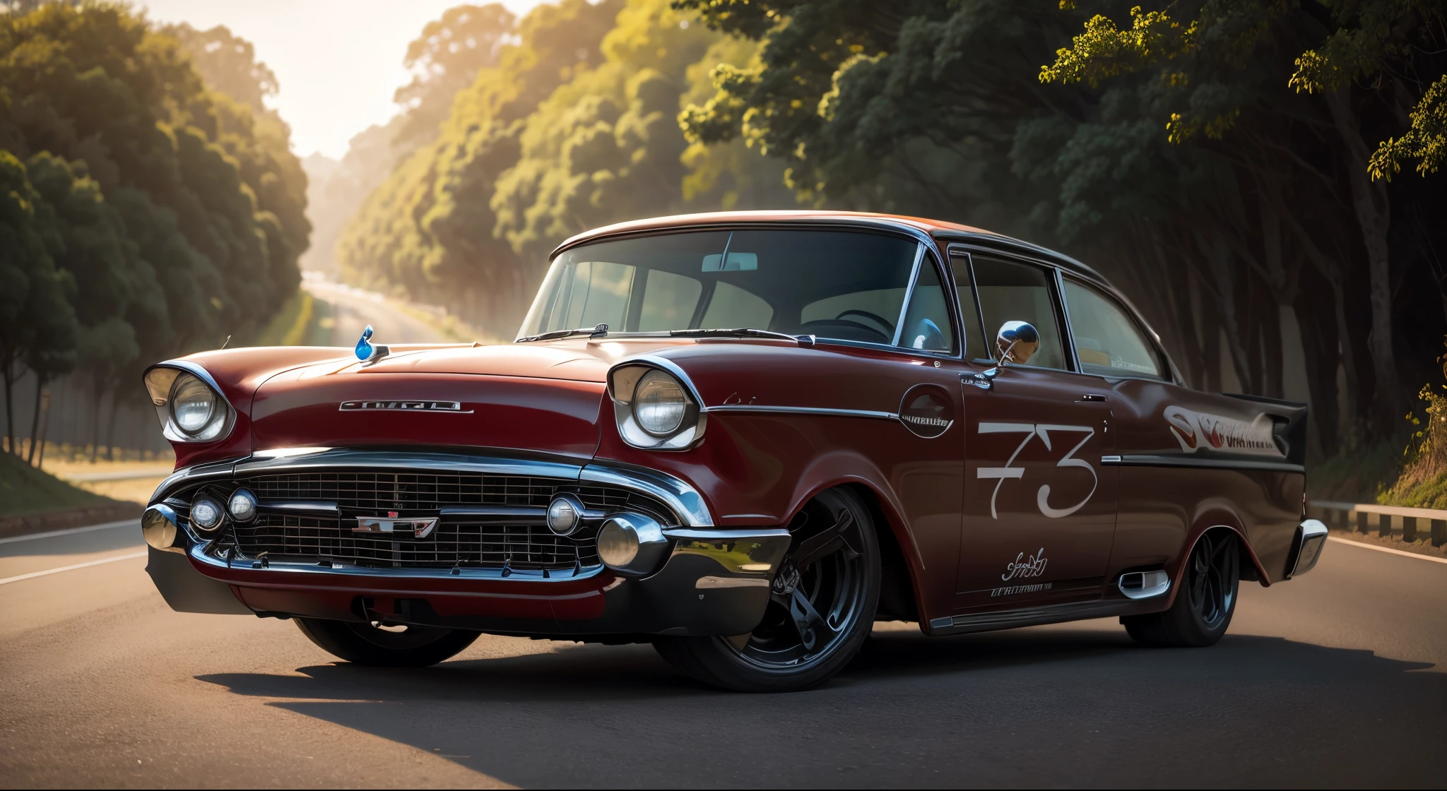 Um carro de corrida VERMELHO Chevy 57 personalizado sendo dirigido por um homem em uma estrada sinuosa. O carro em movimento, with trees lined up on both sides of the road. I want an image that captures the feeling of an exciting journey, com o homem curtindo o passeio em um dia ensolarado.