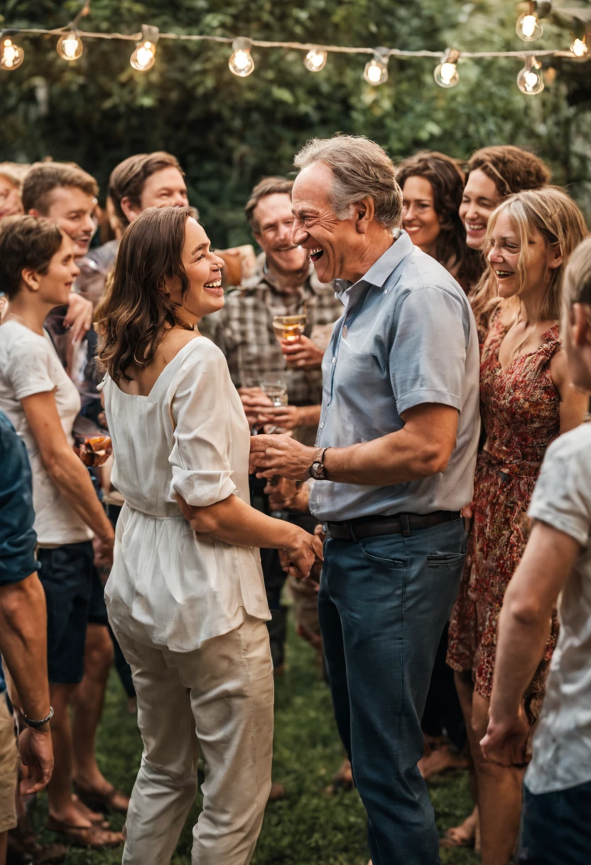 Visualize Jack, the same middle-aged white man, now in a more casual outfit, mingling with a group of close friends in a backyard.
The atmosphere is vibrant, with string lights, music, and a lively crowd.
Jack's friends, both boys and girls, surround him, sharing laughter, stories, and affectionate gestures.
They pat him on the back, offer warm smiles, and engage in friendly banter, creating an atmosphere of love and camaraderie.
Jack's character is now friendly, approachable, and down-to-earth, embodying the transformation from his initial formality.
The party is a testament to the deep bonds of trust and friendship that have developed over time.
Jack and his friends share genuine moments of connection, celebrating their strong and meaningful relationships.