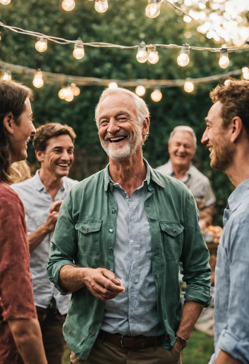 Visualize Jack, the same middle-aged white man, now in a more casual outfit, mingling with a group of close friends in a backyard.
The atmosphere is vibrant, with string lights, music, and a lively crowd.
Jack's friends, both boys and girls, surround him, sharing laughter, stories, and affectionate gestures.
They pat him on the back, offer warm smiles, and engage in friendly banter, creating an atmosphere of love and camaraderie.
Jack's character is now friendly, approachable, and down-to-earth, embodying the transformation from his initial formality.
The party is a testament to the deep bonds of trust and friendship that have developed over time.
Jack and his friends share genuine moments of connection, celebrating their strong and meaningful relationships.