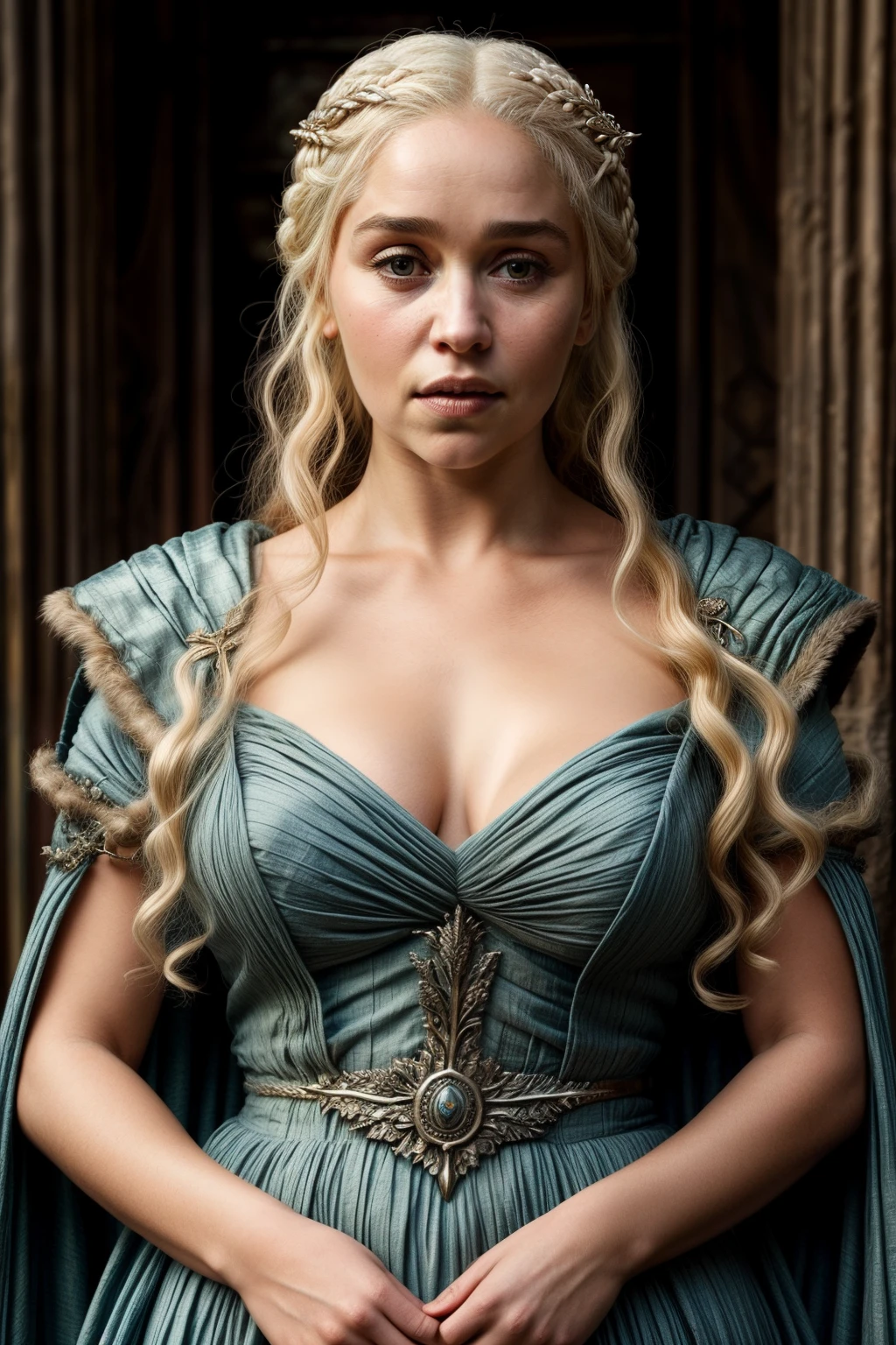 Masterpiece, Daenerys Targaryen, Gorgeous woman, queen, Queen Lady, Princess of Dragonstone, black mole on breast, The Unburnt, Queen of Meereen, Queen of the Andals, the Rhoynar and the First Men (claimant), Protector of the Seven Kingdoms (claimant), Khaleesi of the Great Grass Sea, Breaker of Shackles, Mother of Dragons, The One Who Was Promised, Lady of Dragonstone , 35 years Old, she  a Full growned lady now, beautiful mature lady, the queen, milf beauty, mature queen, Best quality, a small, charming Beauty, a captivating woman, fully ripen milf body, lustful queen, alluring appearance, unrivaled beauty, wonderful breasts, large breasts, mediaeval erotic costumes, a Game of Thrones-inspired costume, a close-up of a woman from the middle ages, Daenerys Targaryen, Daenerys, resembles Emilia Clarke, Emilia Clarke, scene from "Game of Throne," deep cleavage, warrior princess, healthy body, perfect thick body, attractive figure, fleshy body, style of "Game of Throne," beautiful lady, beautiful woman, mediaeval clothes, stunning woman, 8K, insane details, dress made of clothes and jewelry, perfect hair, styled hair, perfect hands, perfect fingers, perfect eyes