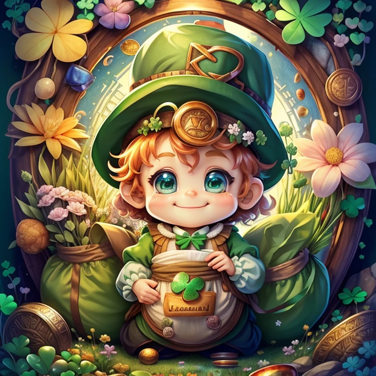 (cute leprechaun smiling with big sack and flowers and coins and clovers) Munchkin ,Geometric multidimensional wall portrait, livro de arte, Tchibi,
Yang08k, Beautiful, Colouring,
Obras, of the highest quality, best quality, Arte Oficial, Beautiful and Aesthetic,
