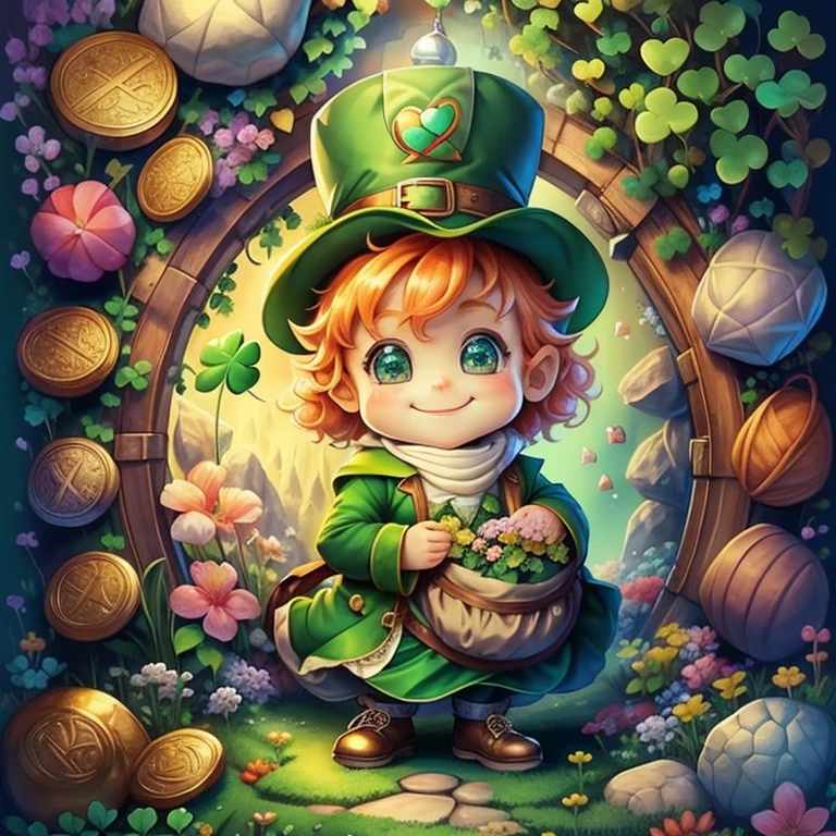 (cute leprechaun smiling with big sack and flowers and coins and clovers) Munchkin ,Geometric multidimensional wall portrait, livro de arte, Tchibi,
Yang08k, Beautiful, Colouring,
Obras, of the highest quality, best quality, Arte Oficial, Beautiful and Aesthetic,