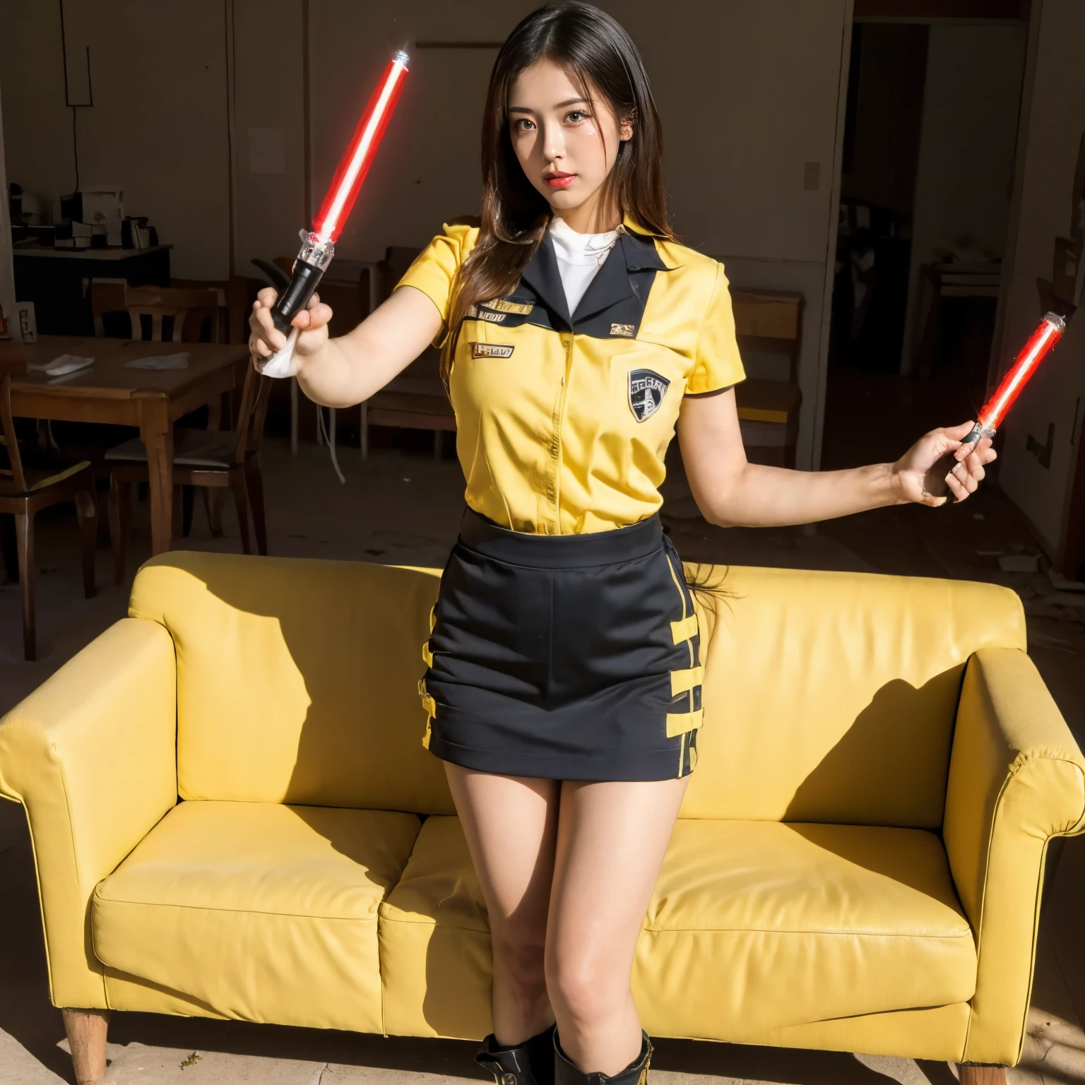 (masterpiece:1.1, Best Quality:1.1, 32K HDR, High resolution), (1girl in, Solo), Japanese cool and beauty girls, (Realistic portrait_Jasmine Deka yellow, Tokusou Sentai Dekaranger, sentai heroine), (ultra gigantic breasts, ultra huge tits, ultra huge boobs, yellow and black uniform, mini skirt, black boots), Detailed skin texture, (Fighting Pose:1.2, hold a red light saber:1.2, inside a small abandoned house:1.15, sofa, Concrete house, Perfect slim body:1.1),