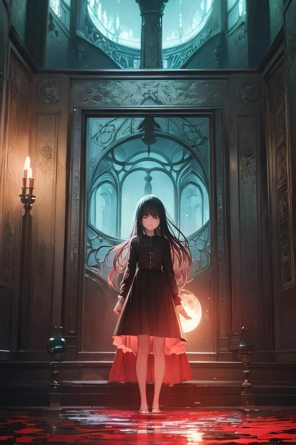 Surreal images,dreamy ambiance,Vivid and contrasting colors,Complex and detailed elements,Gloomy lighting,Introspective composition,Ambient emptiness,1girl in,melancholic,a gloomy,nostalgic,feeling of solitude,Dress,Long hair,blood splashing...