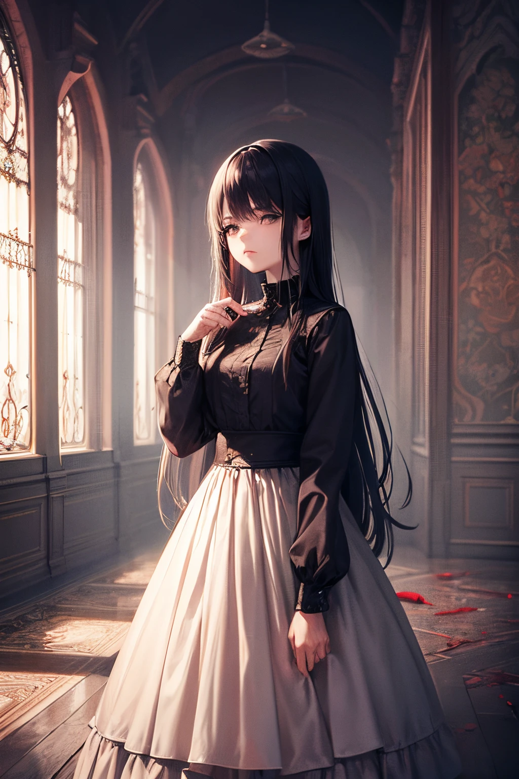 Surreal images,dreamy ambiance,Vivid and contrasting colors,Complex and detailed elements,Gloomy lighting,Introspective composition,Ambient emptiness,1girl in,melancholic,a gloomy,nostalgic,feeling of solitude,Dress,Long hair,blood splashing...