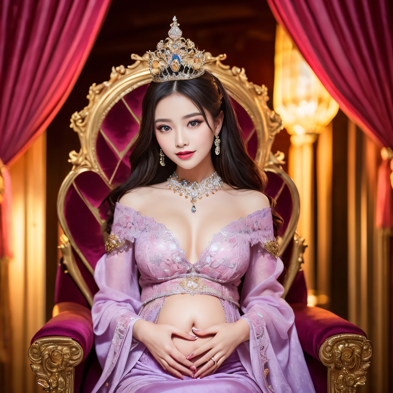 ((top-quality、masutepiece、8K、Top image quality、Highly complex and detailed depictions))、one prostitute goddess、Pregnancy、The ultimate luxury with everything you can imagine、The most luxurious and majestic prostitute goddess costume、(The most luxurious and intricate pink and purple curtains:1.3)、Sit on the most luxurious and majestic throne、(warm mood lighting:1.3)、(Moody Writing:1.2)、(Studio Lighting:1.1)、(very classy and luxurious lighting:1.1)、、(spectacular movie lighting:1.3)、(moody dim room:1.3)、(Background completely surrounded by luxurious curtains:1.3)、(blurry backround:1.3)、Smiling as she stares at the camera、Upper body photo、(The most luxurious and majestic throne:1.1)、artistic décor、Large amount of jewelry decoration、The most luxurious and huge tiara、detailed ornament、Giant Gems、giant pink and purple costume、(pink and purple big sleeves:1.1)、Very fine decoration、Very complex decoration、royal, yudai、(Frontal close-up:1.1), (exact and perfect throne:1.1)、(perfect and majestic costume:1.1)、(symmetrical composition:1.1)、(Sit facing the front:1.2)