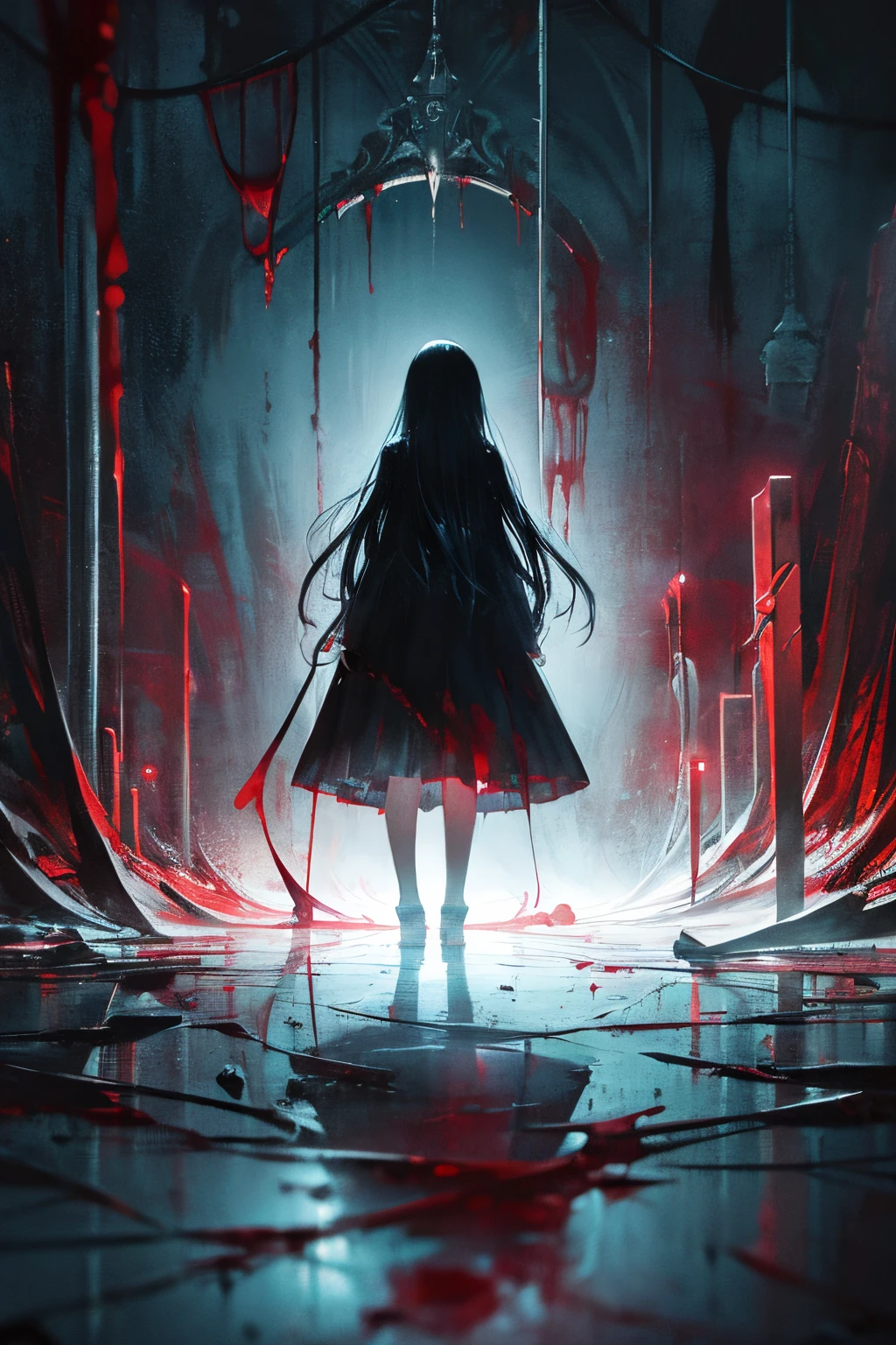 Surreal images,dreamy ambiance,Vivid and contrasting colors,Complex and detailed elements,Gloomy lighting,Introspective composition,Ambient emptiness,1girl in,melancholic,a gloomy,nostalgic,feeling of solitude,Dress,Long hair,blood splashing...