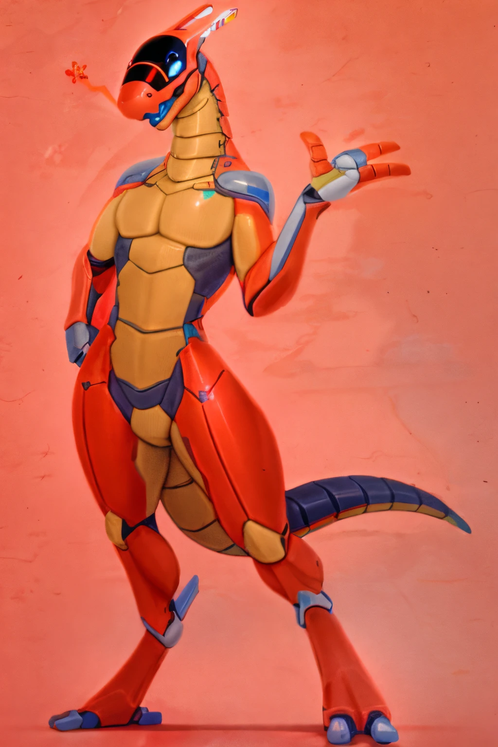 Male anthro synth, anthro dragon, detailed full body concept, colorful, red scales, tan belly, tan chest, Vader-san, robot, white background, colored sketch, high quality, clean line art