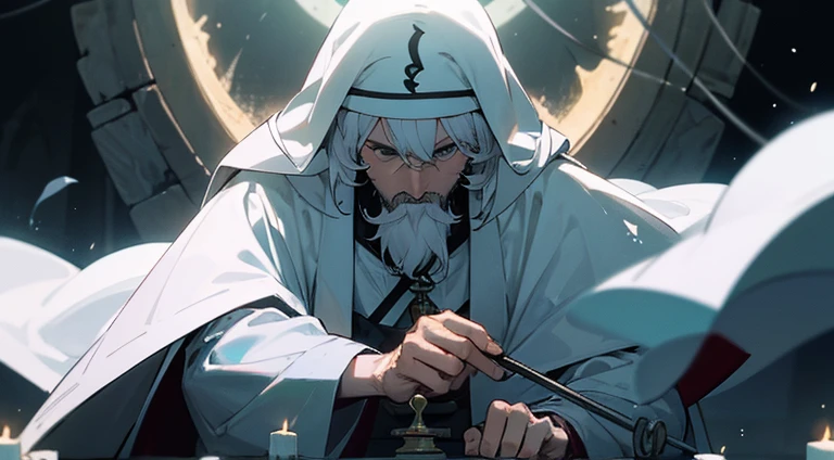 La frente visible、Sacerdote de pelo blanco、barba blanca、(Levantar flequillo)、Aspecto robusto、Hold your cane、En una cueva oscura、Altar sospechoso、Se muestra la parte superior del cuerpo、