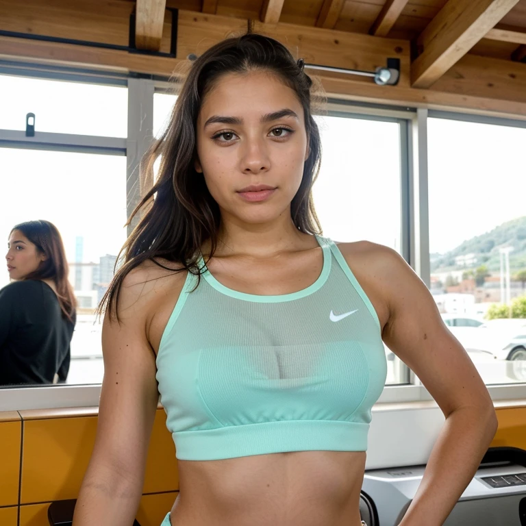 23-year-old hyper-realistic Latin girl, mood selfie for instagram, Ultra Definition, (photoreallistic: 1.4), 8k, calidad premier, fondos borrosos, cara delicada, maquillaje natural, foto raw, iphone, HDR, Coqueteando con el espectador, en el gimnasio, tomando un capucino, nike top