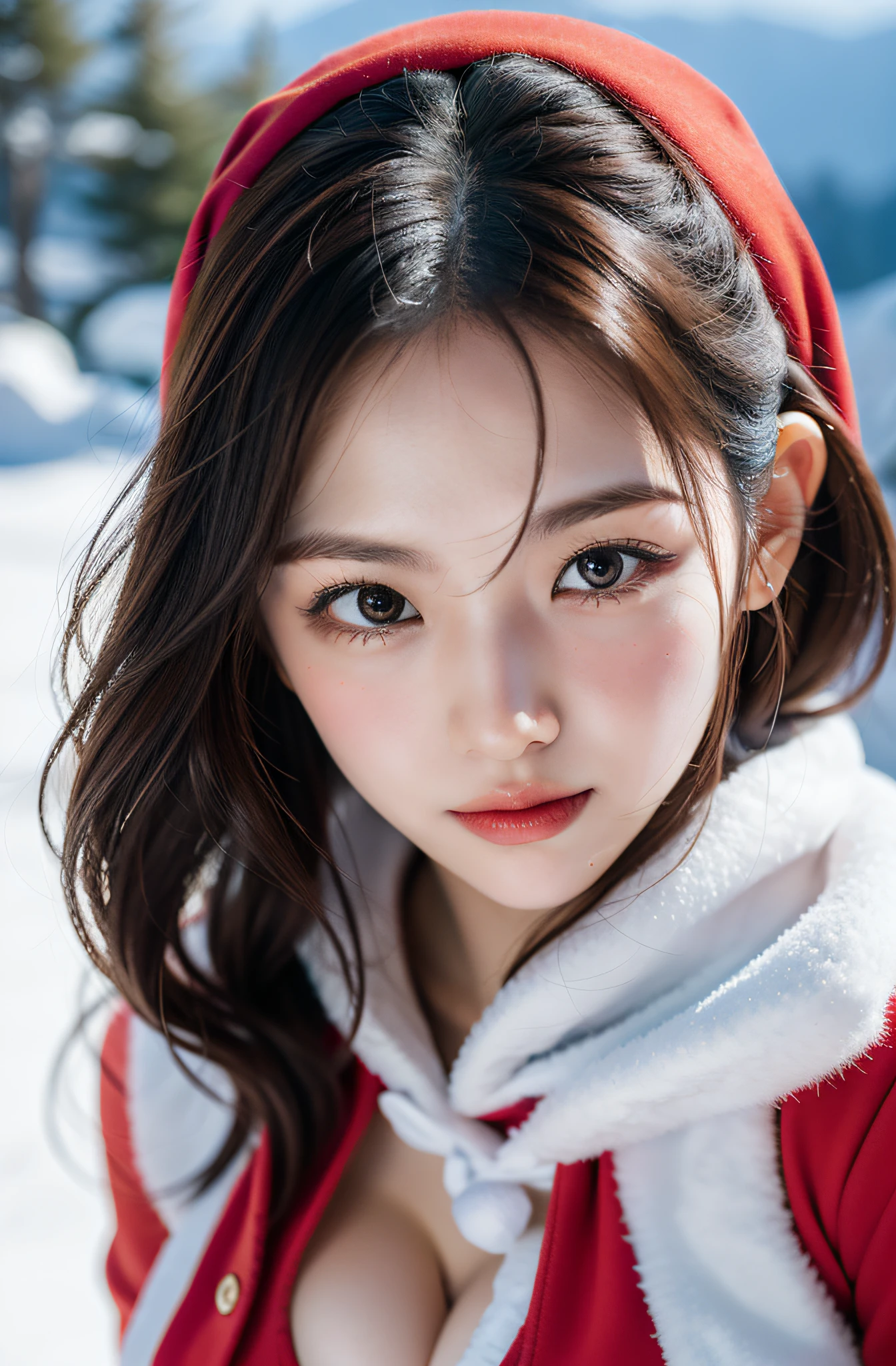 nipples exposed、Lori face、santa claus、Snow Santa performance at the ski resort、Photorealistic images of solo idols, Morning Musume inspired by Eri Kamei, Radiates charm and beauty with plenty of bust and subtle exposure of cleavage. The image is、Must reflect a real person of the highest quality, Powered by Ultra-HD (16 K) resolution, crisp detail, Vivid colors, Dynamic Range, Soft bokeh, Fine texture, Realistic realism, Pin Sharp Focus. 、The camera setup is、Nikon D850 and NIKKOR Z 58mm Boobs Boobs Boobs Boobs F。/0.95 S Noct lens,  The setting must be ISO 64, F/0.95, Shutter speed is 1/60. --ar 16:9 - V5.1 --Style raw --Q 2 --S 750