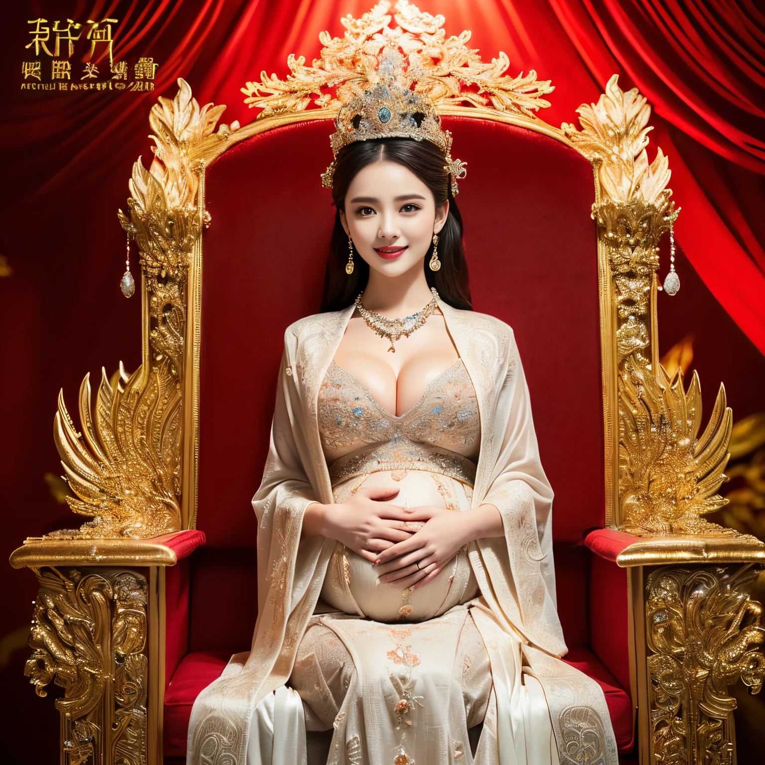 ((top-quality、masutepiece、8K、Top image quality、Award-Winning Works))、((One princess、The ultimate luxury imaginable、most gorgeous outfit、Pregnancy、the most gorgeous and intricate lighting、The most luxurious and intricately decorated curtains、completely surrounded by luxurious curtains、Sit on a super-huge throne、Shine intricately、Front fixed、The biggest smile staring at the camera、The most gorgeous and majestic throne、Large amount of jewelry decoration、The most massive finest tiaras、The largest and finest necklace、glowing gemstones、Huge costumes、huge furisode、cleavage of the breast、very intricate and detailed decoration、Frontal close-up, a throne、