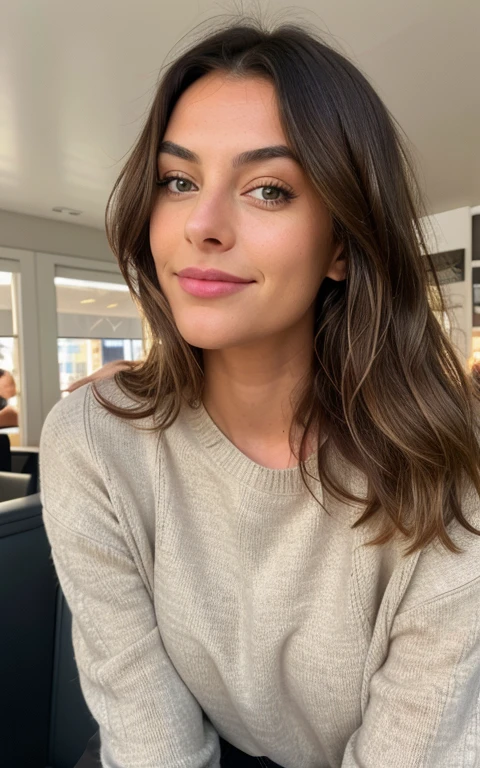 Beautiful brunette with blonde highlights, wearing a beige sweater (drink lemonade in a café), Highly detailed, 22 Jahre alt, , Titten, Unschuldiges Gesicht, Natural wavy hair, blaue Augen, high resolution, Meisterwerk, best quality, Komplizierte hohe Detailgenauigkeit, Highly detailed, Scharfer Fokus, Detaillierter Skin, Realistische Hautstruktur, Textur, Detaillierte Augen, Professionell, 4K, charming smile, aufgenommen mit Canon, 85mm, light depth of field, Kodak Vision Farbe, Perfectly fitting body , Extrem detailliert, Fotografie_\(Ultra\), fotorealistisch, realistisch, Nachbearbeitung, Maximale Details, Rauhigkeit, wirkliches Leben, Ultra realistisch, Fotorealismus, Fotografie, 8K UHD, Fotografie, vollbusig