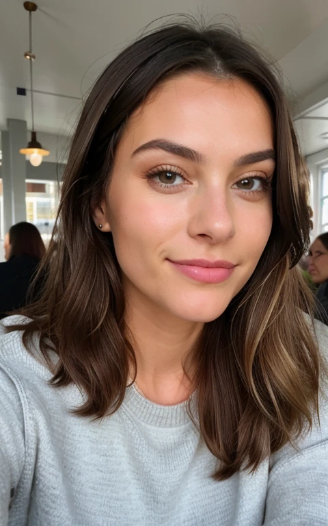 Beautiful brunette with blonde highlights, wearing a beige sweater (drink lemonade in a café), Highly detailed, 22 Jahre alt, , Titten, Unschuldiges Gesicht, Natural wavy hair, blaue Augen, high resolution, Meisterwerk, best quality, Komplizierte hohe Detailgenauigkeit, Highly detailed, Scharfer Fokus, Detaillierter Skin, Realistische Hautstruktur, Textur, Detaillierte Augen, Professionell, 4K, charming smile, aufgenommen mit Canon, 85mm, light depth of field, Kodak Vision Farbe, Perfectly fitting body , Extrem detailliert, Fotografie_\(Ultra\), fotorealistisch, realistisch, Nachbearbeitung, Maximale Details, Rauhigkeit, wirkliches Leben, Ultra realistisch, Fotorealismus, Fotografie, 8K UHD, Fotografie, vollbusig
