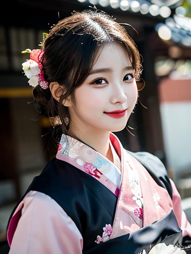 (masterpiece, best quality, photo realistic, official art:1.4), (UHD, 8K quality wallpaper, High resolution, raw photo, film grain:1.2), (shiny skin), professional lighting, physically-based rendering, Award-winning, highly detailed skin, (extremely detailed face and eyes, clear pupils), Carl Zeiss 300 mm F/2.8, depth of field, BREAK, 1girl, solo, kawaii 24-year-old Korean girl, (Nogizaka idol:0.7), (Korean idol Suzy), (glossy straight black hair, high chignon, forehead:1.3), extra rounded face, (single eyelid), (shy smile:1.3), (wearing light pink Hanbok with colorful floral patterned embroideries:1.3), (breasts emphasized, well shaped medium breasts:0.8), (looking at viewer), BREAK, (at a Korean temple), winter daytime, warm sunlight, (seductive posing, dynamic angle:1.3), bust shot,
