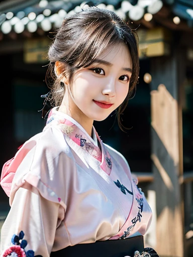 (masterpiece, best quality, photo realistic, official art:1.4), (UHD, 8K quality wallpaper, High resolution, raw photo, film grain:1.2), (shiny skin), professional lighting, physically-based rendering, Award-winning, highly detailed skin, (extremely detailed face and eyes, clear pupils), Carl Zeiss 300 mm F/2.8, depth of field, BREAK, 1girl, solo, kawaii 24-year-old Korean girl, (Nogizaka idol:0.7), (Korean idol Suzy), (glossy straight black hair, high chignon, forehead:1.3), extra rounded face, (single eyelid), (shy smile:1.3), (wearing light pink Hanbok with colorful floral patterned embroideries:1.3), (breasts emphasized, well shaped medium breasts:0.8), (looking at viewer), BREAK, (at a Korean temple), winter daytime, warm sunlight, (seductive posing, dynamic angle:1.3), bust shot,