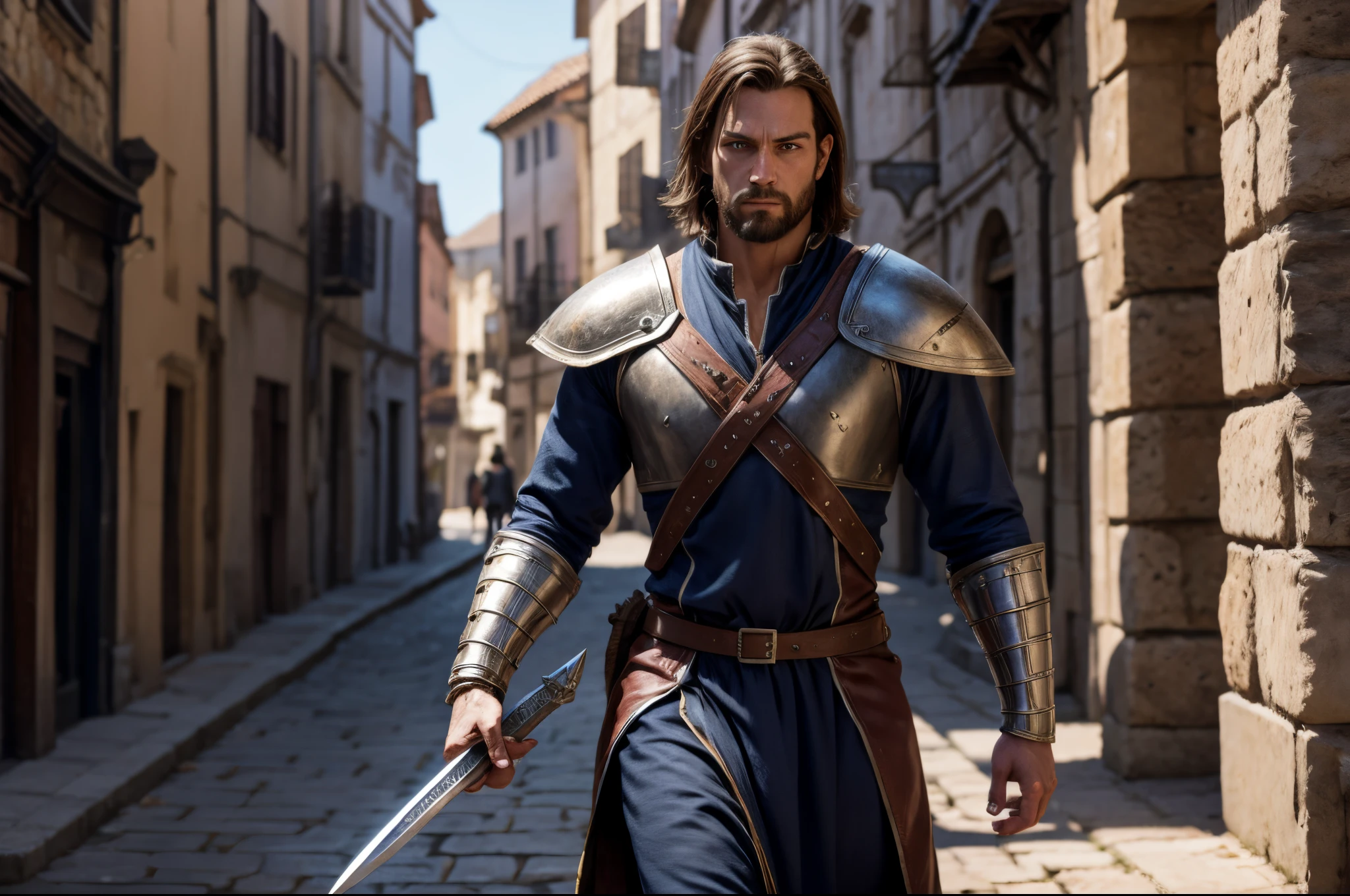 front view, [swordman male], [medieval city], [swordman clothes], videogame character, ue5, oc rendering, [morning light], hyper-realistic