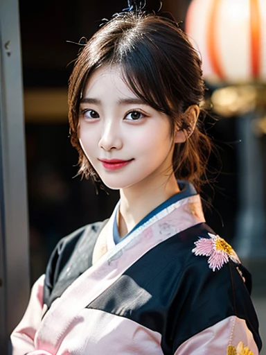 (masterpiece, best quality, photo realistic, official art:1.4), (UHD, 8K quality wallpaper, High resolution, raw photo, film grain:1.2), (shiny skin), professional lighting, physically-based rendering, Award-winning, highly detailed skin, (extremely detailed face and eyes, clear pupils), Carl Zeiss 300 mm F/2.8, depth of field, BREAK, 1girl, solo, kawaii 24-year-old Korean girl, (Nogizaka idol:0.7), (Korean idol Suzy), (glossy straight black hair, high chignon, forehead:1.3), extra rounded face, (single eyelid), (shy smile:1.3), (wearing light pink Hanbok with colorful floral patterned embroideries:1.3), (breasts emphasized, well shaped medium breasts:0.8), (looking at viewer), BREAK, (at a Korean temple), winter daytime, warm sunlight, (seductive posing, dynamic angle:1.3), bust shot,