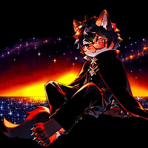 Character (feline with black, fluffy fur), (stars on his fur) (claws on each finger), (black glass glasses and stars on his lenses with red frames), (wears black pajamas with stars) (huge cape dark in which you can see space and many stars). (long ears), (starry and tousled black hair with the appearance of galaxies), (sunset-colored cape). (Long tail and a big fur pompom). Expressionless. (Little boy). (Little legs shaped like feet), (Sitting imposingly), (Body of a child), (shows his paws)