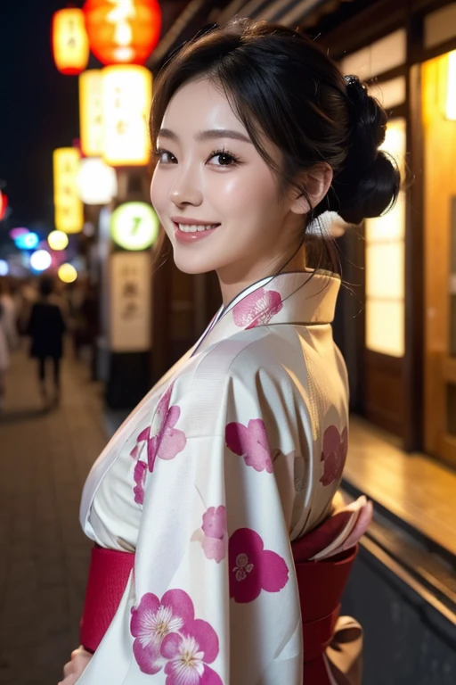 (((top quality, 8k, masterpiece))), crisp focus, (beautiful woman with perfect figure), slender, (hairstyle: up)), ((kimono: Kara)), street: 1.2 Highly detailed face and skin texture Detailed eyes Double eyelids random posture, (smile),super cute Japan person,super beauty Japanese girl, realistic face, double eyelid,smile,summer festival , at sunset ,fire-works back-ground.