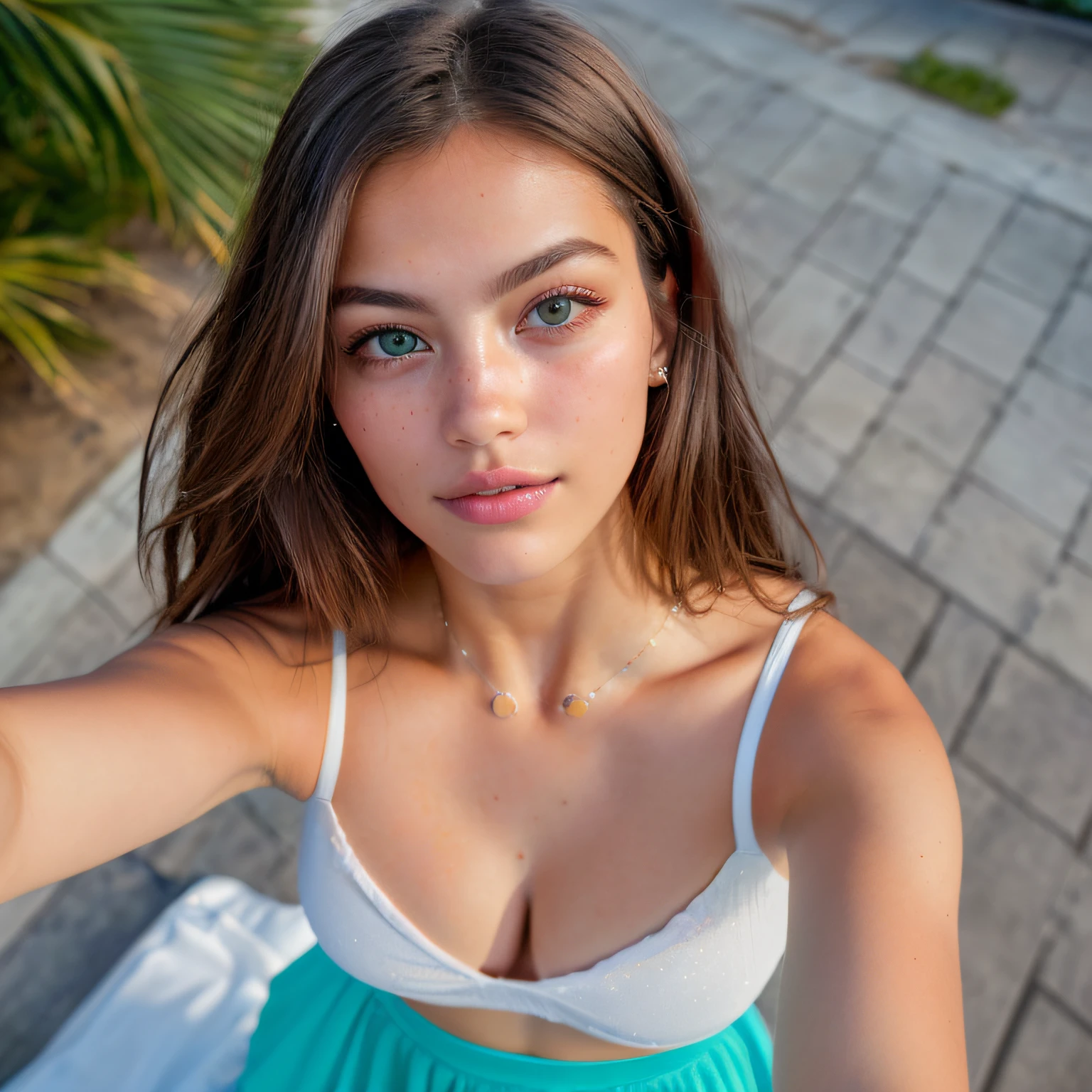 ((Best quality)), ((masterpiece)), (detailed), perfect face, perfect fingers girl, in a sundress, sunset and palm trees in the background, image with perfect human fingers. Fingers must be proportional, with neat nails and natural skin color. The image should look realistic and detailed