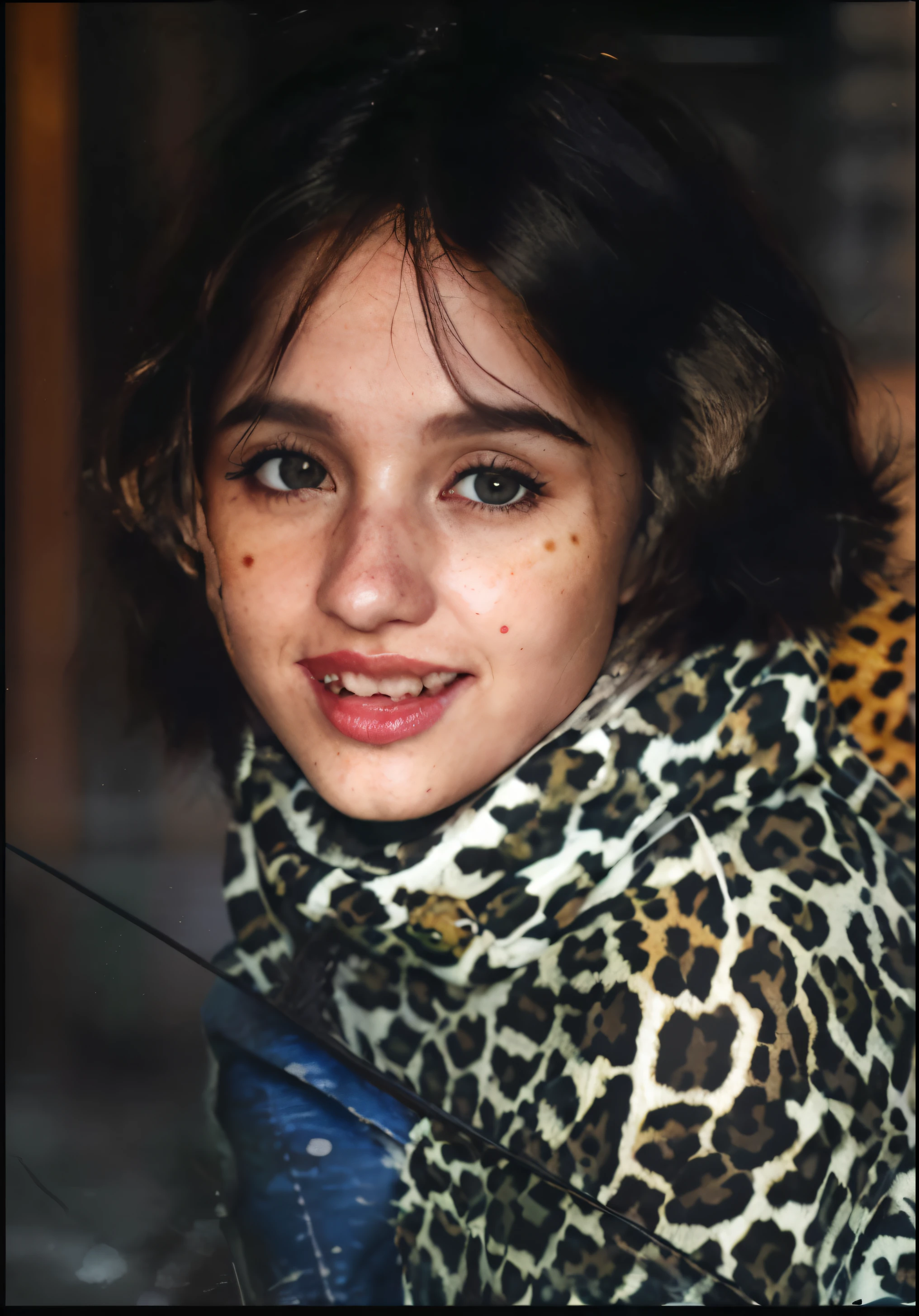 foto realista menina 8 nos. cabelos curtos, algumas sardas no rosto, leopard cold weather clothing