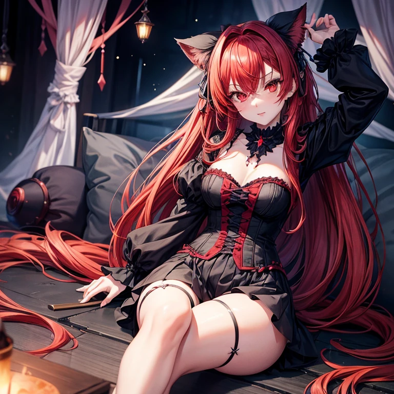 Fox girl,Cat girl,Skinny,breast reduction,lying among colorful flashes, among colorful, soft colours background, stroking own chin,reaching,arm at side,knees together feet apart,red hair,medium hair,ahoge,red eyes,White skin,evil seductive,smug, open mouth, cute anime fangs, subtle blush, dress,corset,skirt,dirndl, suspender skirt,thigh strap,boots,tiara,earclip,choker,elbow gloves,fingerless gloves,gloves,Short Dress,Corset,View From Above,Overhead View,Red,White,Brown,Elegant,Eye Makeup, laying ,Cute, cute eyes, profile wallpaper, earclip, soft colors background, Efecto de colores alrededor, surrounded by colorful lights, pastel colors background, liying on colorful bed, colorful blankets, bed sheet background