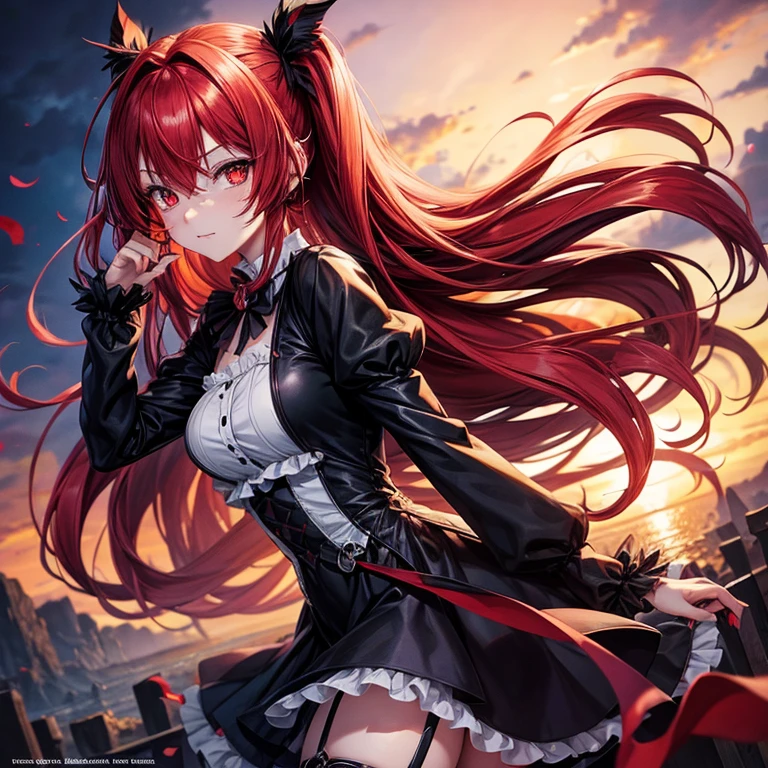 An anime girl, gothic, tailed, fart, cute,Beautiful, red hair and red eyes