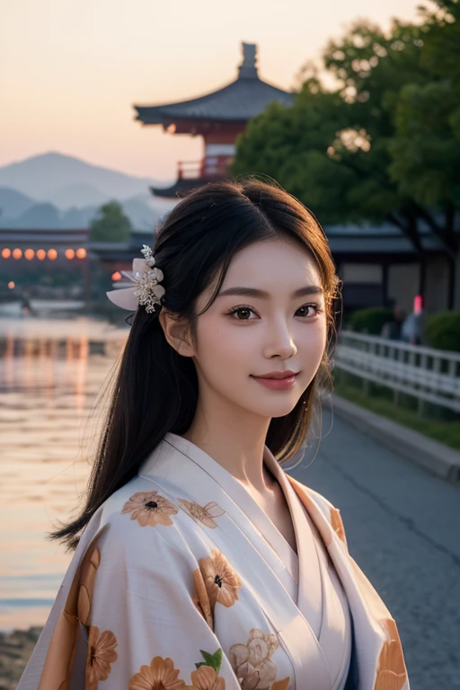 (nsfw), nude, naked, (((top quality, 8k, masterpiece))), crisp focus, (beautiful woman with perfect figure), slender, (hairstyle: up)), ((kimono: Kara)), street: 1.2 Highly detailed face and skin texture Detailed eyes Double eyelids random posture, (smile),super cute Japan person,super beauty Japanese girl, realistic face, double eyelid,smile,summer festival , at sunset ,fire-works back-ground.