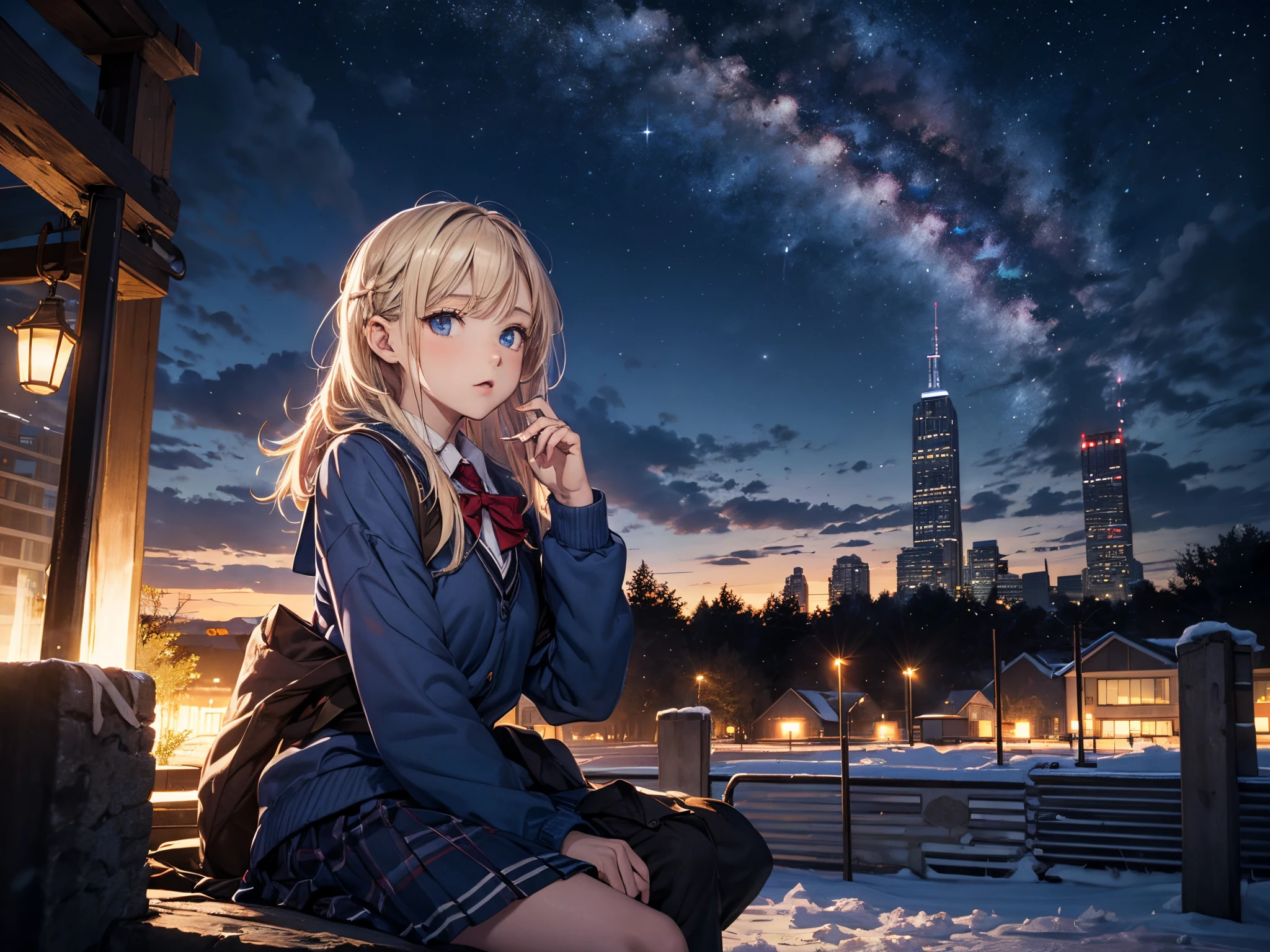 masutepiece,8K,octans, Skysky, stele(Skysky), landscapes, starrysky, natta, 1girl in, nigh sky, report, plein air, built, clouds, milkyway, sitting on, 城市, silhuette, Cityscape,(Short, Low twin-tailed blonde hair:1.2),(Deep Blue Eyes:1.3),(winter school uniform:1.1)