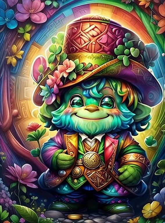 (cute leprechaun smiling with big green sac and flowers and coins and clovers),(best angle), (better expression), Eduardo Kobra acolchoamento ,multidimensional geometric wall PORTRAIT, arte, Chibi,
Yang08k, lindo, Colouring,
Primary works, qualidade superior, melhor qualidade, Arte Oficial, Beautiful and Aesthetic, pelos coloridos,