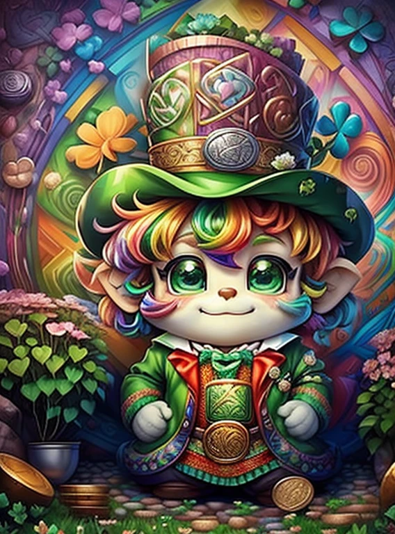(cute leprechaun smiling with big green sac and flowers and coins and clovers),(best angle), (better expression), Eduardo Kobra acolchoamento ,multidimensional geometric wall PORTRAIT, arte, Chibi,
Yang08k, lindo, Colouring,
Primary works, qualidade superior, melhor qualidade, Arte Oficial, Beautiful and Aesthetic, pelos coloridos,