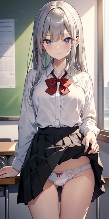Best Quality,masutepiece,fullnude,look down on, Upper body,silber hair,Strands of hair,Fair skin,Classroom,tiny chest、Take off your uniform, Bow, Red bow, Long sleeves, Shirt, Collared shirt, White shirt, Skirt, Pleated skirt, Black skirt, tiny chest、looking at the viewers, BREAK (masutepiece:1.2), Best Quality, High resolution, Unity 8k壁纸, (Illustration:0.8), (Beautiful detailed eyes:1.6), extra detailed face, Perfect Lighting, extremely details CG, (Perfect hands, Perfect Anatomy),A smile、(Skirt lift:1.3), (white panties:1.3)、(Skirt that rolls up:1.3)、(Fully exposed panties:1.5)