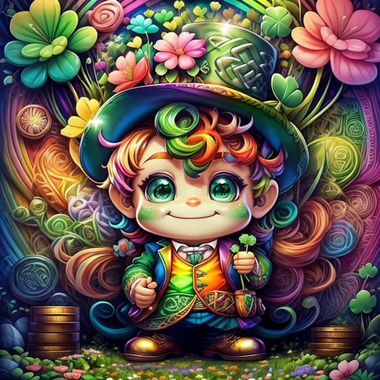 (cute leprechaun smiling with big green sac and flowers and coins and clovers), (better expression), Eduardo Kobra acolchoamento ,multidimensional geometric wall PORTRAIT, arte, Chibi,
Yang08k, lindo, Colouring,
Primary works, qualidade superior, melhor qualidade, Arte Oficial, Beautiful and Aesthetic, pelos coloridos,