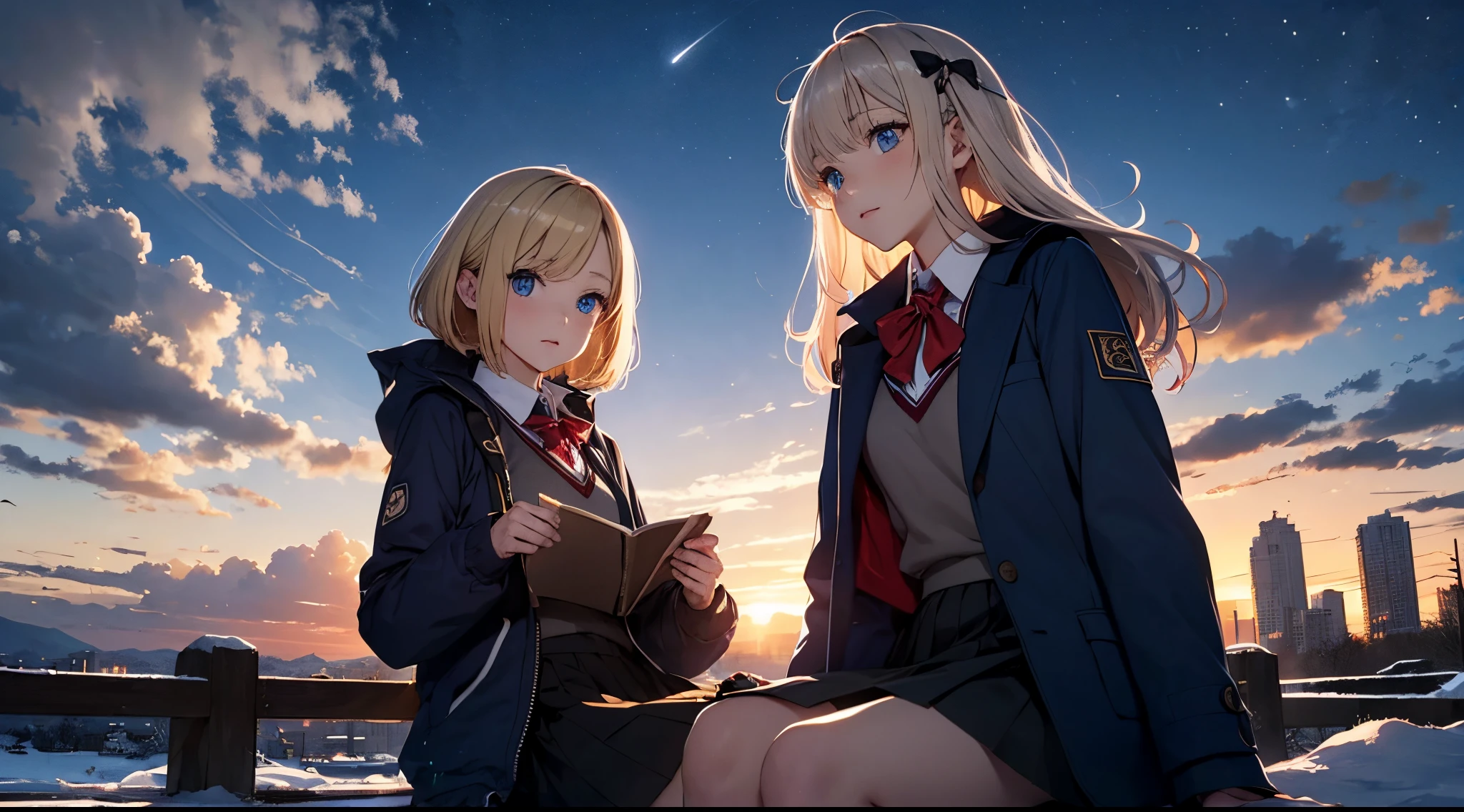 masutepiece,8K,octans, Skysky, stele(Skysky), landscapes, starrysky, natta, 1girl in, nigh sky, report, plein air, built, clouds, milkyway, sitting on, 城市, silhuette, Cityscape,(Short, Low twin-tailed blonde hair:1.2),(Deep Blue Eyes:1.3),(winter school uniform:1.1)