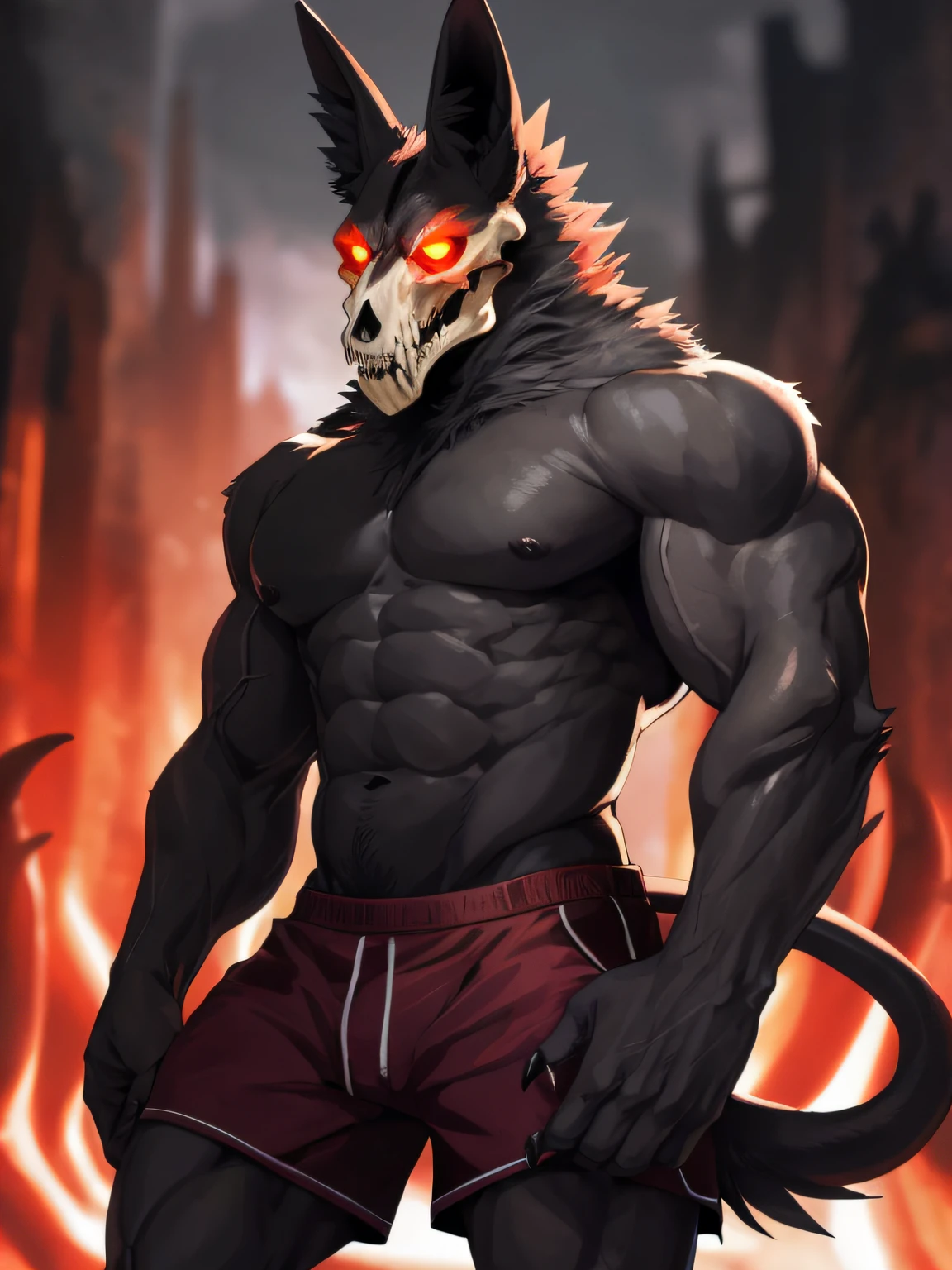 hi res, (Demon Skulldog), black fur, anthro, blurred background, male, muscular, muscular anthro, muscular male, tail, solo, detailed background, (kemono), glowing eyes, suggestive, shorts, Anime, Hell Background