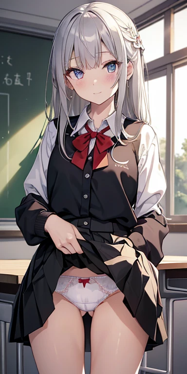 Best Quality,masutepiece,fullnude,look down on, Upper body,silber hair,Strands of hair,Fair skin,Classroom,tiny chest、Take off your uniform, Bow, Red bow, Long sleeves, Shirt, Collared shirt, White shirt, Skirt, Pleated skirt, Black skirt, tiny chest、looking at the viewers, BREAK (masutepiece:1.2), Best Quality, High resolution, Unity 8k壁纸, (Illustration:0.8), (Beautiful detailed eyes:1.6), extra detailed face, Perfect Lighting, extremely details CG, (Perfect hands, Perfect Anatomy),A smile、(Skirt lift:1.3), (white panties:1.3)、(Skirt that rolls up:1.3)、(Fully exposed panties:1.5)