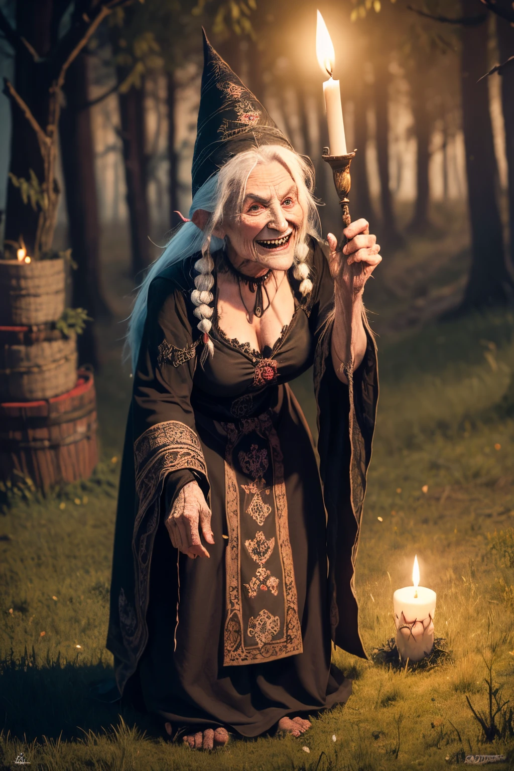 hunchbacked fairy tale evil witch Baba Yaga, old scary woman with a scary smile , standing bent over, covered in windings of old rags with a crooked candle in his hand, Hooked nose, loose hair with tufts of dry grass sticking out, holding a crooked thick candle in his hand, looks directly into the camera