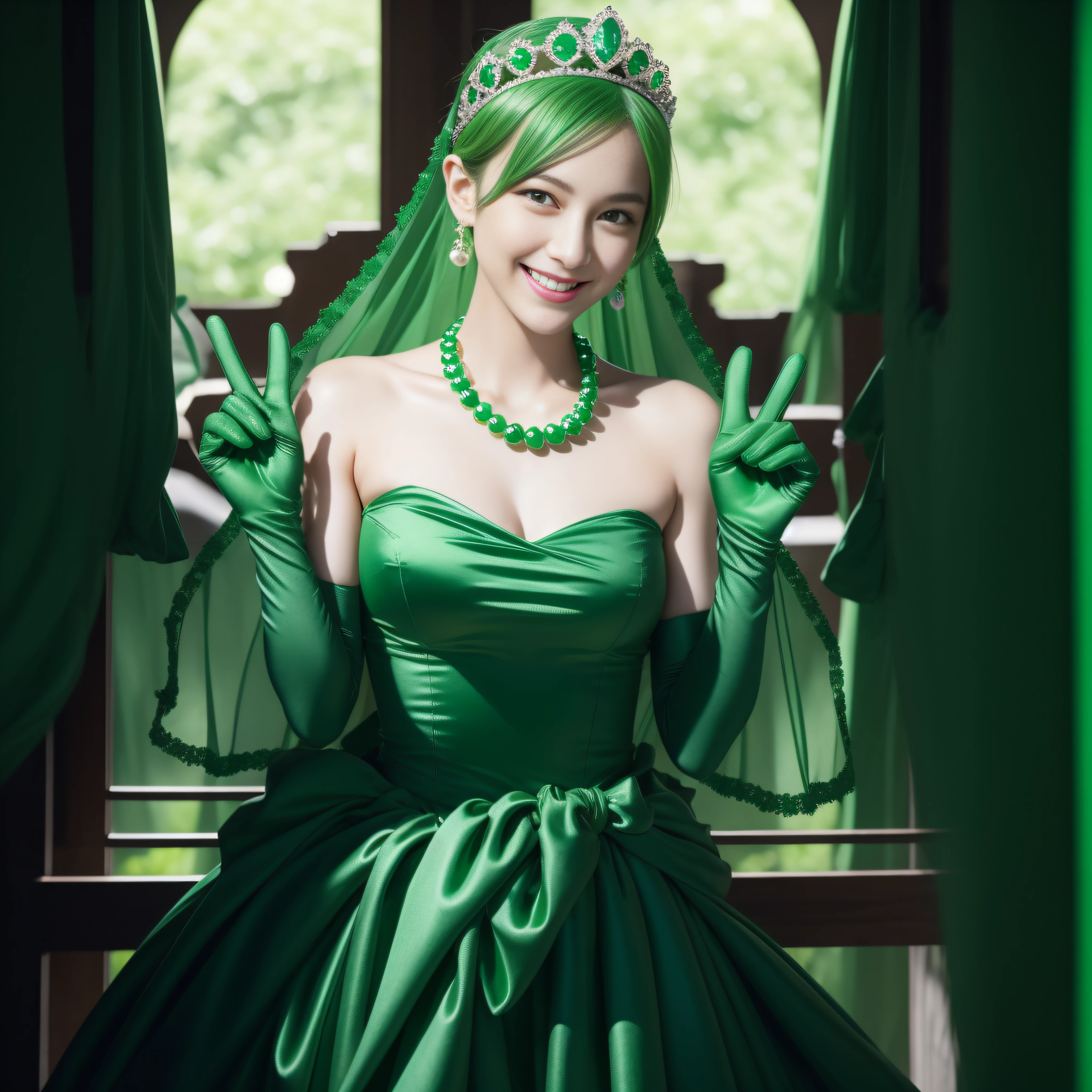 emerald tiara, Green Pearl Necklace, Boyish very short green hair, lipsticks, Japan woman smiling, very short short hair, big breasts beautiful, Green eyes, Long green gloves made of satin material, Green eyes, Emerald Earrings, green vale, v sign