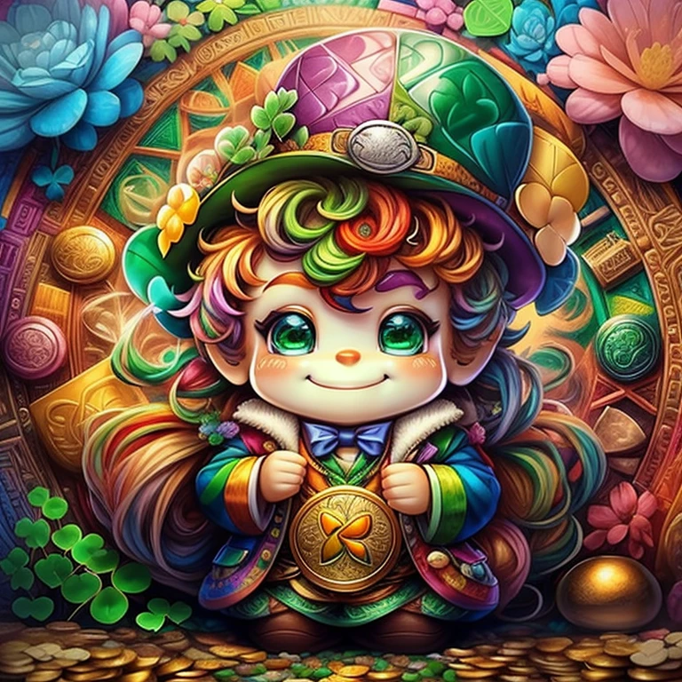 (cute leprechaun smiling with a bag, flowers and coins and clovers), Eduardo Kobra acolchoamento ,multidimensional geometric wall PORTRAIT, arte, Chibi,
Yang08k, lindo, Colouring,
Primary works, qualidade superior, melhor qualidade, Arte Oficial, Beautiful and Aesthetic, pelos coloridos,