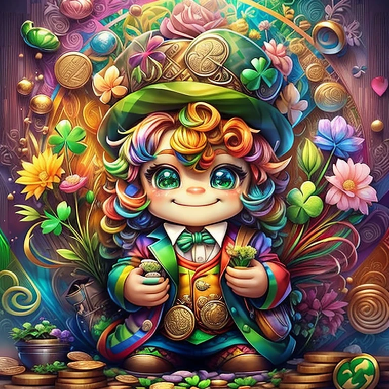 (cute leprechaun smiling with a bag, flowers and coins and clovers), Eduardo Kobra acolchoamento ,multidimensional geometric wall PORTRAIT, arte, Chibi,
Yang08k, lindo, Colouring,
Primary works, qualidade superior, melhor qualidade, Arte Oficial, Beautiful and Aesthetic, pelos coloridos,