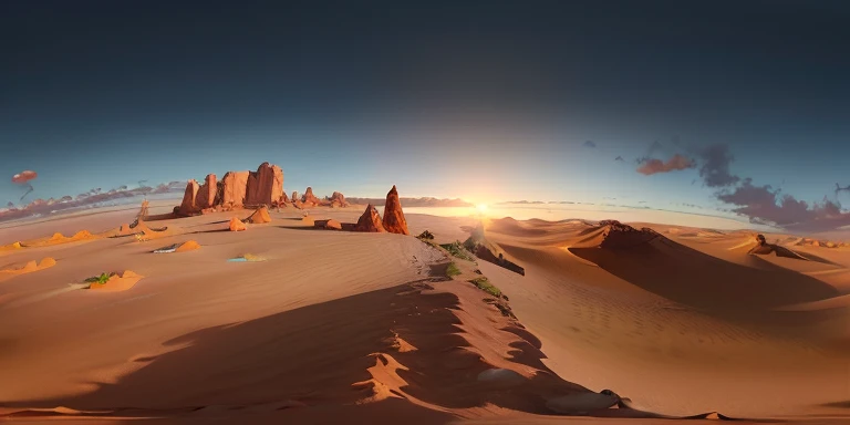 a painting of a desert with a sunset in the background, a matte painting, polycount contest winner, unreal engine 5”, volumetric lighting from above, alexey egorov, unreal engine - h 7 6 8, detailed photo of virtual world, badlands, photorealistic, isometric, digital art, smog, pollution, toxic waste, chimneys and railroads, 3 d render, octane render, volumetrics, by greg rutkowski