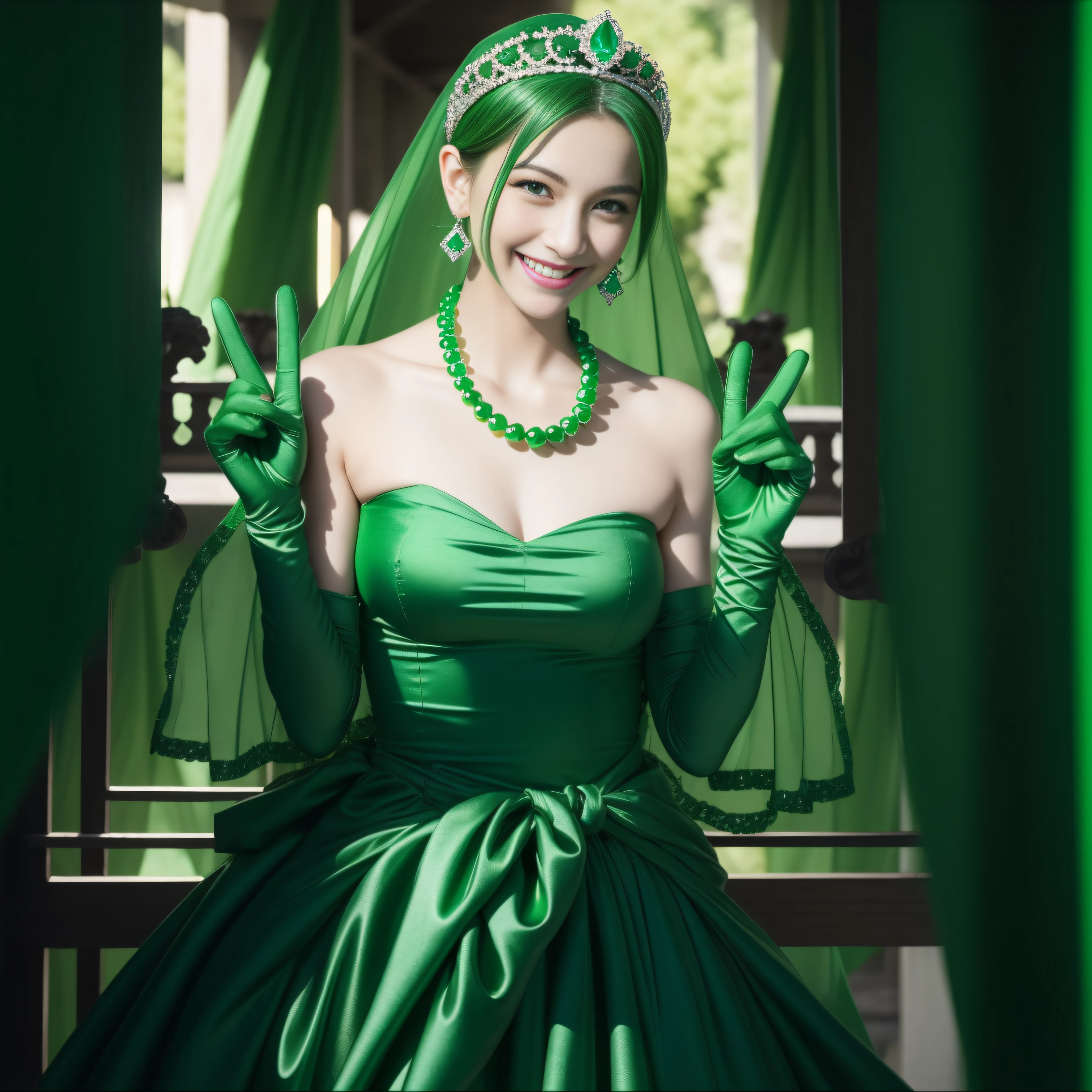 emerald tiara, Green Pearl Necklace, Boyish very short green hair, lipsticks, Japan woman smiling, very short short hair, big breasts beautiful, Green eyes, Long green gloves made of satin material, Green eyes, Emerald Earrings, green vale, v sign