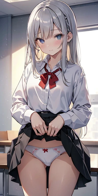 Best Quality,masutepiece,fullnude,look down on, Upper body,silber hair,Strands of hair,Fair skin,Classroom,tiny chest、Take off your uniform, Bow, Red bow, Long sleeves, Shirt, Collared shirt, White shirt, Skirt, Pleated skirt, Black skirt, tiny chest、looking at the viewers, BREAK (masutepiece:1.2), Best Quality, High resolution, Unity 8k壁纸, (Illustration:0.8), (Beautiful detailed eyes:1.6), extra detailed face, Perfect Lighting, extremely details CG, (Perfect hands, Perfect Anatomy),A smile、(Skirt lift:1.3), (white panties:1.3)、(Skirt that rolls up:1.3)、(Fully exposed panties:1.5)